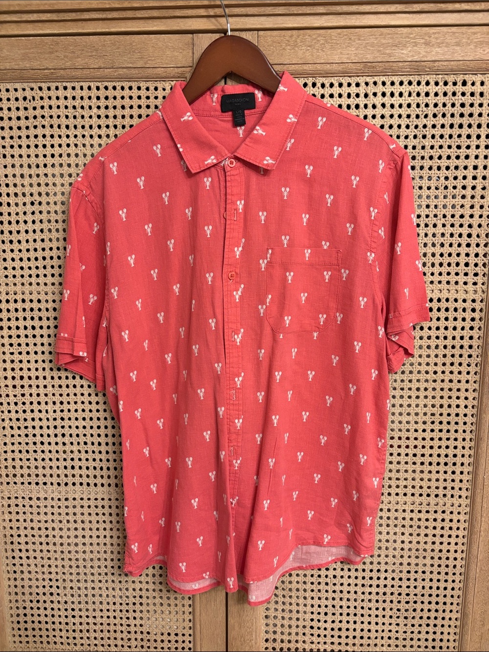 Madagascar Linen Coral Short-Sleeve Button-Down with White Lobster Print